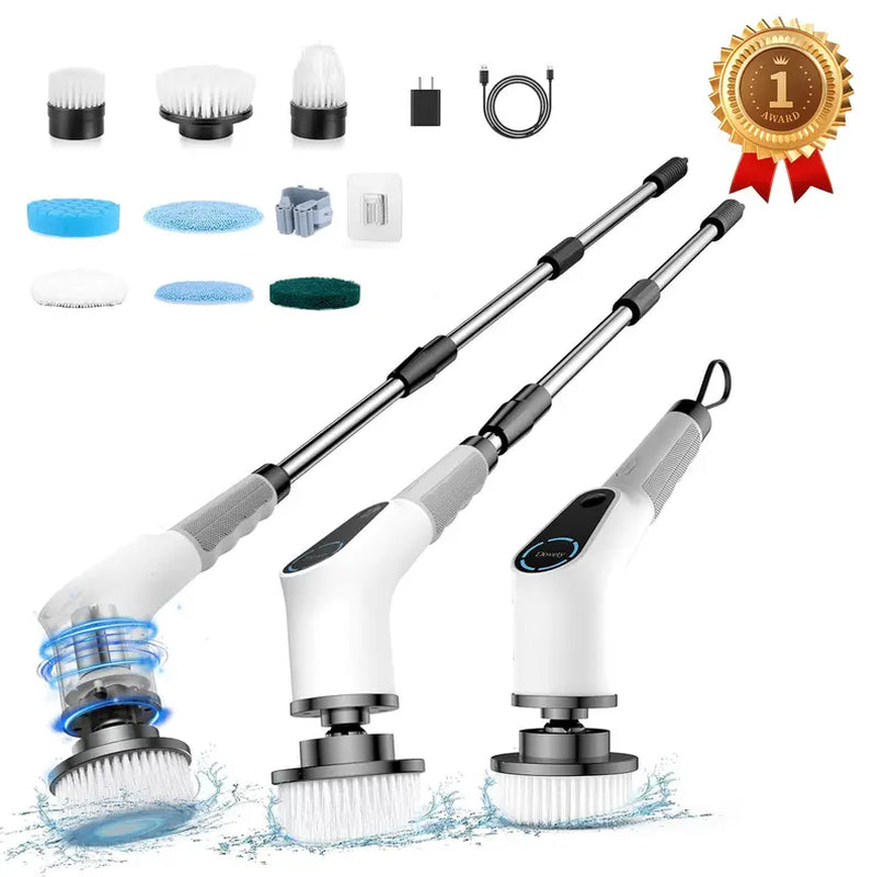 Dovety Electric Spin Scrubber, Cordless Shower Scrubber, Cleaning Brush, with 4 Replaceable Brush Heads and 3 Adjustable Extension Handle, 2 Adjustable Speeds for Bathroom, Kitchen, Tub, Tile, Floor, Toilet, Household Cleaning Supplies Kitchen Accessories